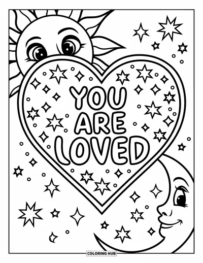 Coloriage sur le rétablissement après une addiction pour enfants : Un soleil et une lune souriants côtoient un cœur scintillant disant « You Are Loved »