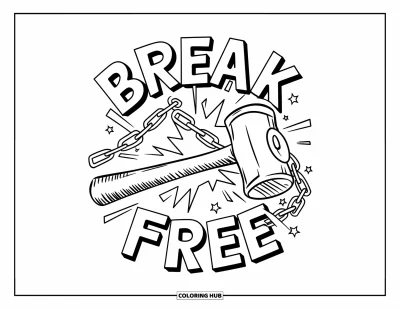 Coloriage sur le rétablissement après une addiction pour enfants : Un marteau texturé se libère de chaînes avec une énergie vive et dynamique