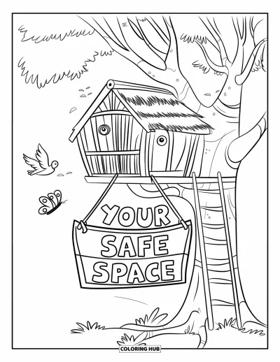 Coloriage sur le rétablissement après une addiction pour enfants : Une cabane dans les arbres avec des papillons et des oiseaux accueille tous avec « Your Safe Space »