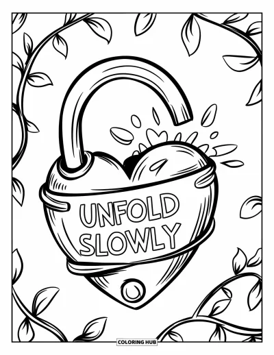 Coloriage sur le rétablissement après une addiction pour enfants : Un cœur recouvert de lianes s'ouvre tandis que le message « Unfold Slowly » flotte au-dessus