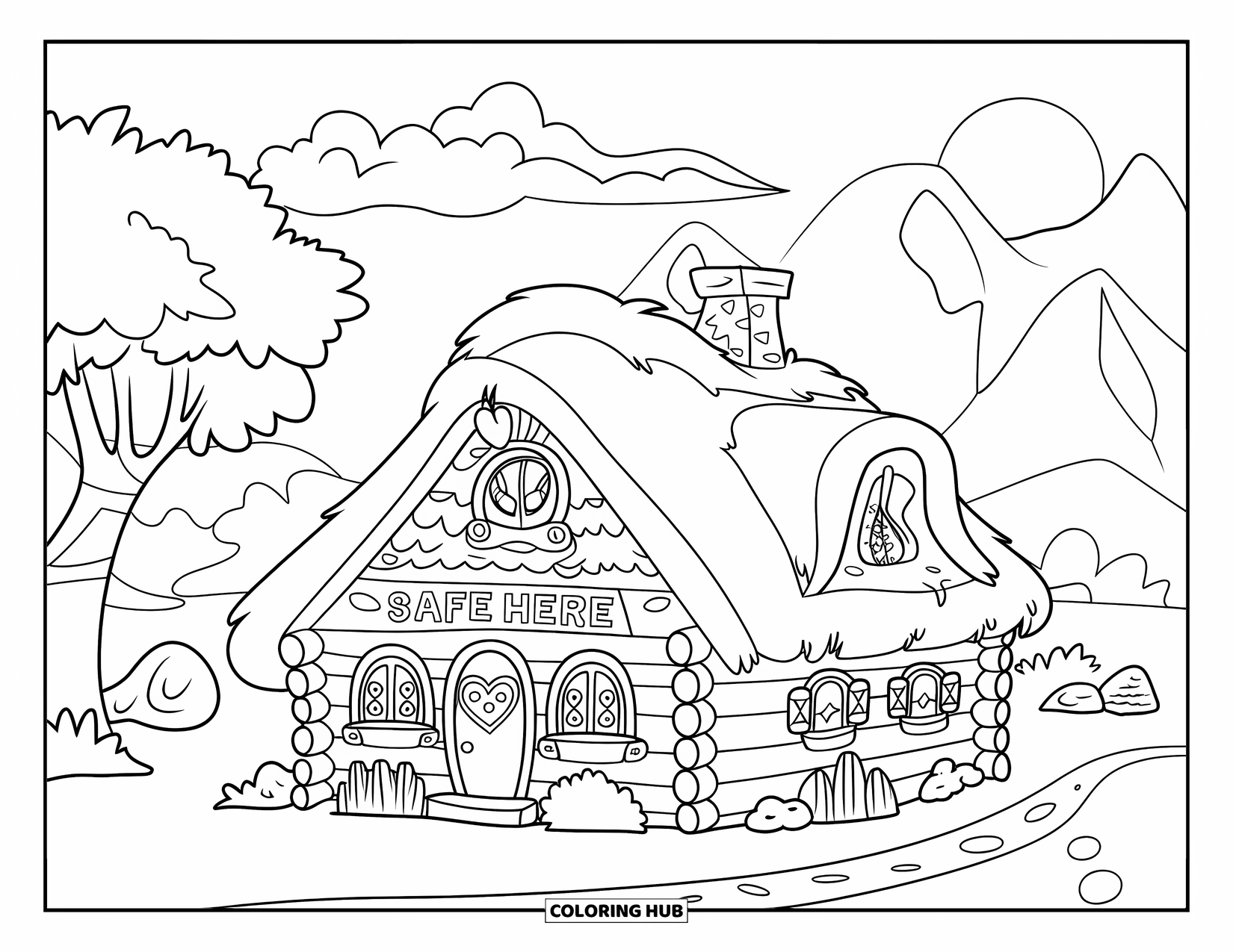 Addiction Recovery Coloring Page for Kids: A wooden cabin rests by trees as chimney smoke spells "Safe Here"