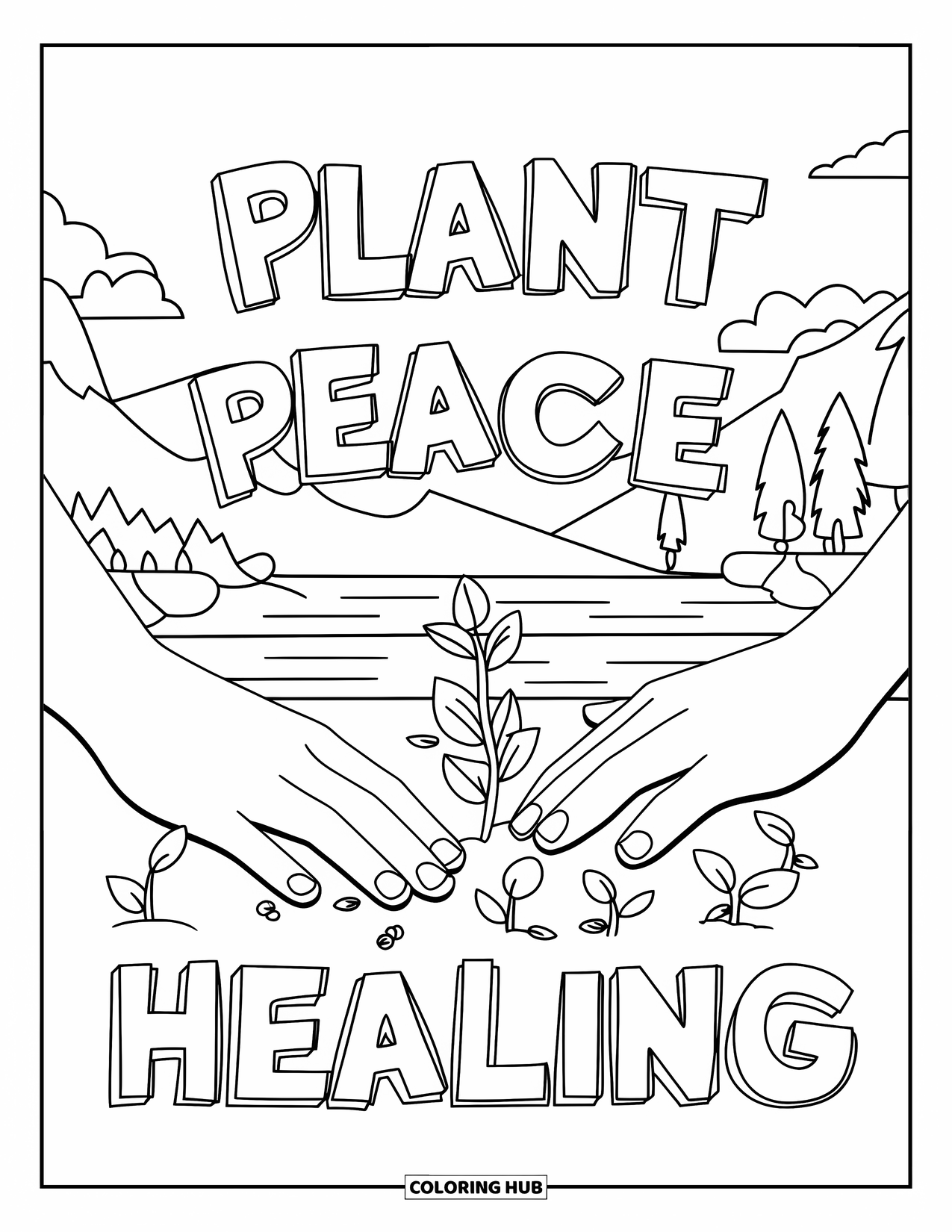 Addiction Recovery Coloring Page for Kids: Hands plant peace in a healing garden under mountains and trees