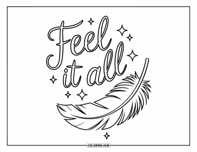 Coloriage sur le rétablissement après une addiction pour enfants : Des étincelles tourbillonnent autour d'une plume avec « Feel It All » flottant au-dessus