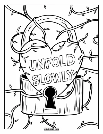 Coloriage sur le rétablissement après une addiction pour enfants : Des lianes se déroulant d'un cadenas en forme de cœur avec « Unfold Slowly » inscrit à proximité