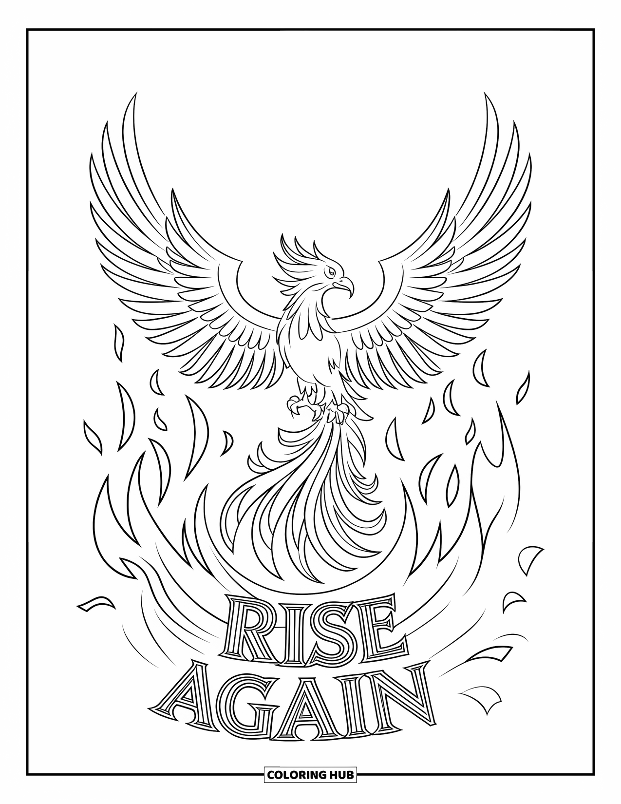 Addiction Recovery Coloring Page for Kids: Wings wide, a phoenix rises with flames and "Rise Again" below