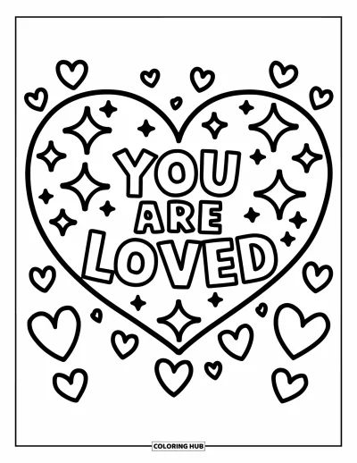 Coloriage sur le rétablissement après une addiction pour enfants : « You Are Loved » rayonne depuis un cœur entouré de petites étoiles