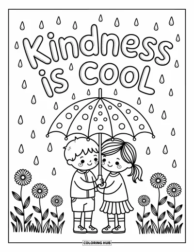 Yetişkinler için Zorbalık Karşıtı Boyama Sayfası: Bir şemsiye altındaki çocuklar ve yumuşak "Kindness is Cool" yazısı