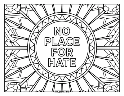 Yetişkinler için Zorbalık Karşıtı Boyama Sayfası: "No Place for Hate" yazılı dairesel tasarım ve etrafında karmaşık vitray ışınları