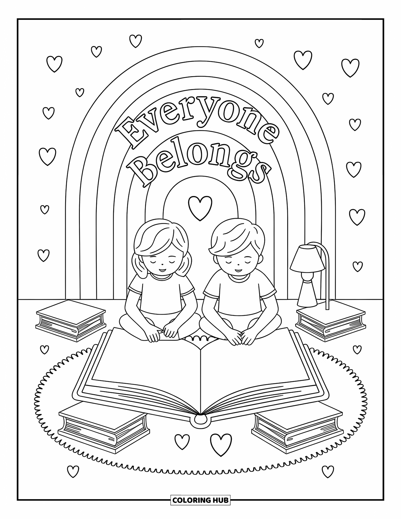 Anti-Bullying Coloring Page for Adults: Cross-legged kids read a story beneath a sweet "Everyone Belongs" rainbow arch
