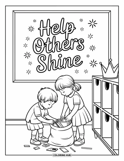 Yetişkinler için Zorbalık Karşıtı Boyama Sayfası: Yardımlaşan çocuklar ve parlayan "Help Others Shine" panosuyla yürek ısıtan koridor sahnesi