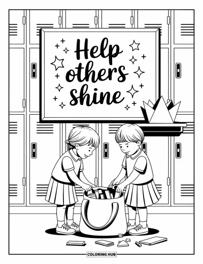 Yetişkinler için Zorbalık Karşıtı Boyama Sayfası: Parlak "Help Others Shine" mesajının altında bir çocuk diğerinin toplanmasına yardım ediyor