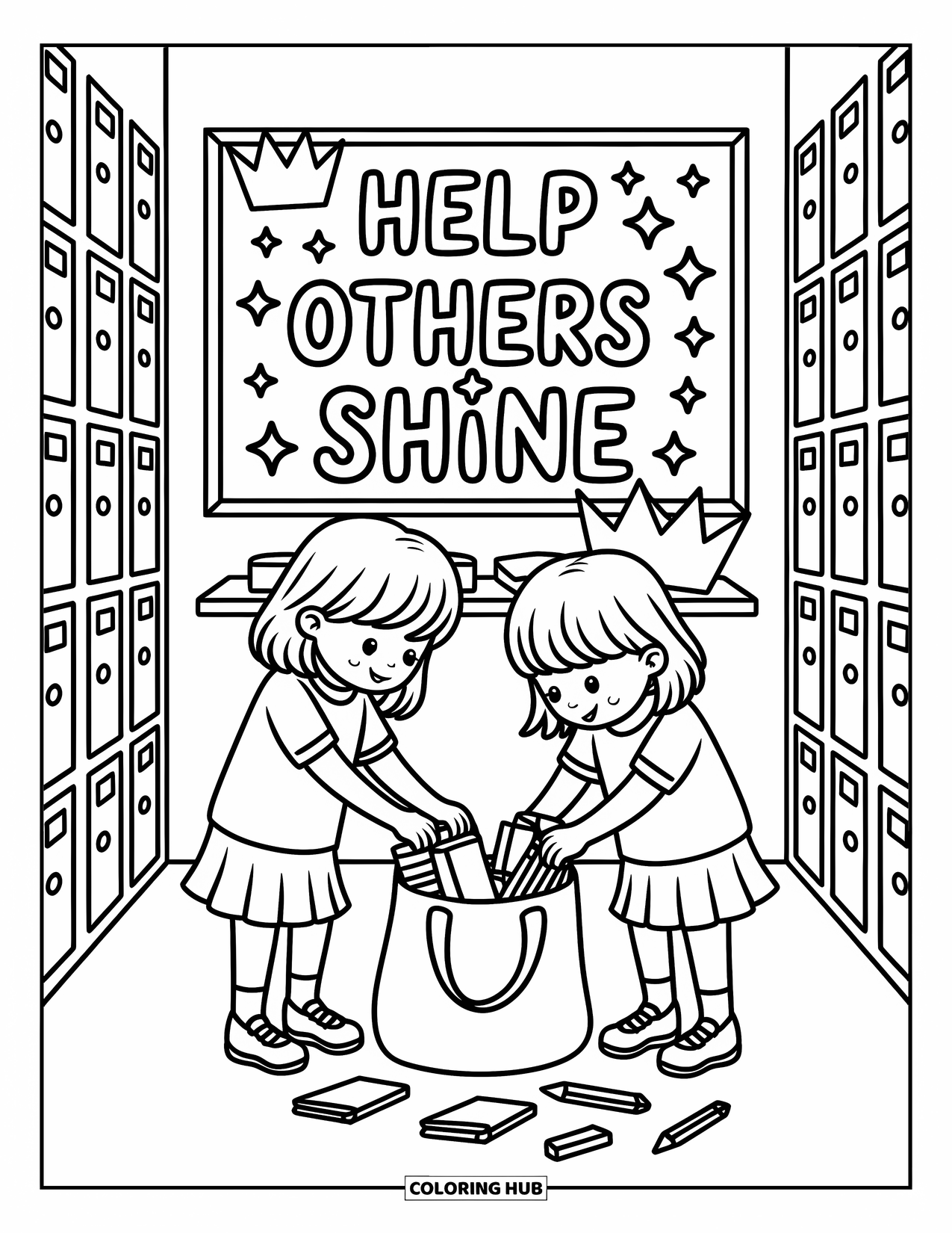 Anti-Bullying Coloring Page for Adults: Two kids tidy up supplies under a starry "Help Others Shine" bulletin board