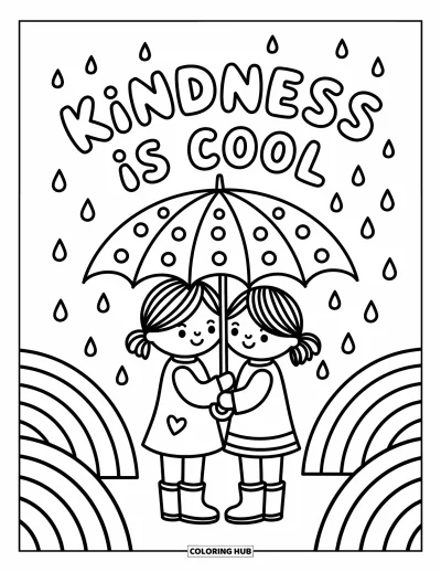Yetişkinler için Zorbalık Karşıtı Boyama Sayfası: Tek şemsiye altındaki çocuklar ve "Kindness is Cool" mesajlı sıcacık yağmur sahnesi