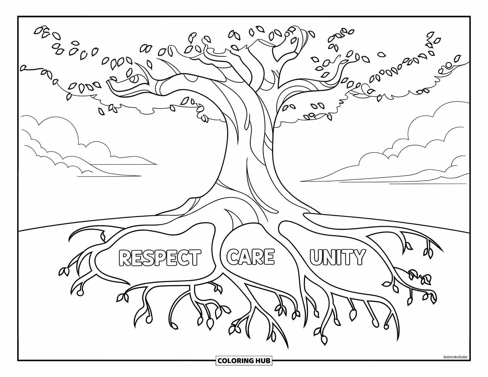 Anti-Bullying Coloring Page for Kids: A calm grassy field with a tree showing roots of respect, care, and unity