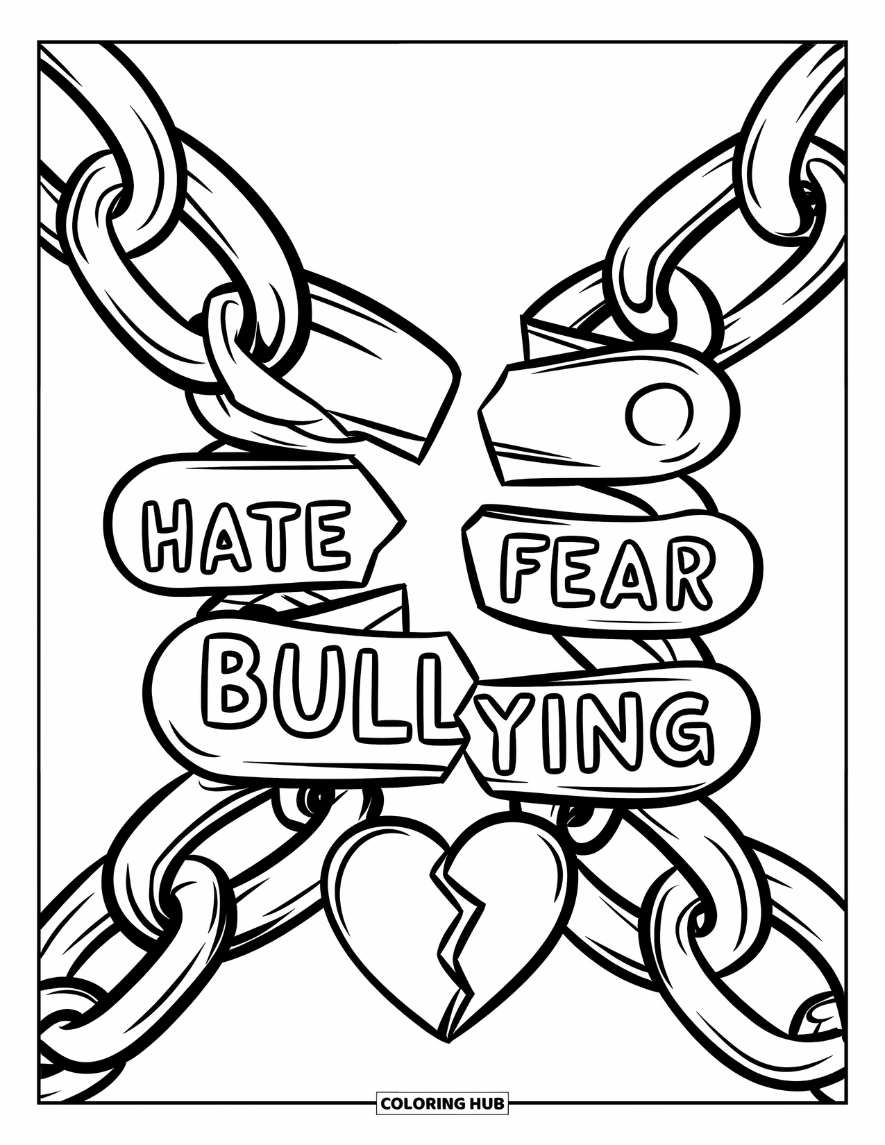 Anti-Bullying Coloring Page for Kids: A heart beneath a shattered chain that breaks hate, fear, and bullying