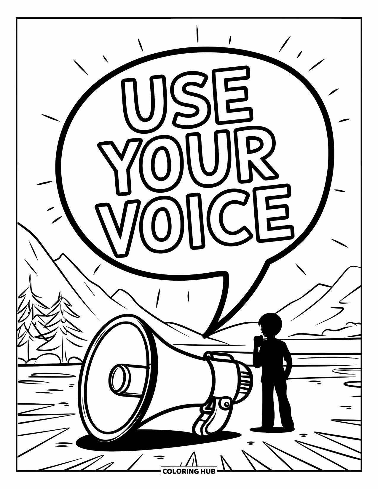 Anti-Bullying Coloring Page for Kids: A quiet landscape with a megaphone spreading the message "Use Your Voice"