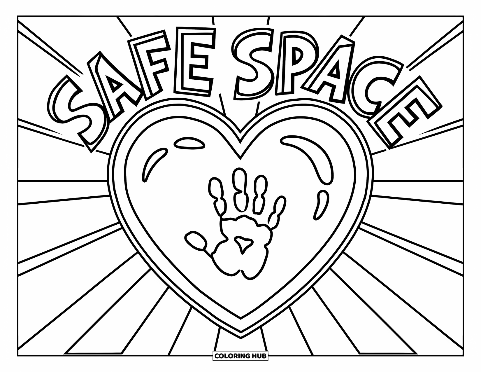 Anti-Bullying Coloring Page for Kids: Big heart with a handprint and the words "Safe Space" above it