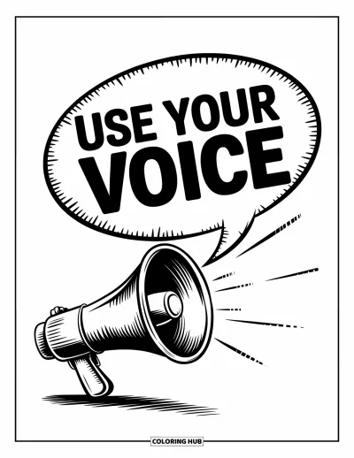 Çocuklar için Zorbalık Karşıtı Boyama Sayfası: "Use Your Voice" ifadesiyle yüksek sesle konuşan büyük bir megafon