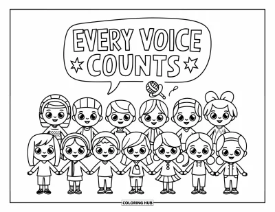Çocuklar için Zorbalık Karşıtı Boyama Sayfası: "Every Voice Counts" mesajının altında el ele tutuşan farklı çocuklar