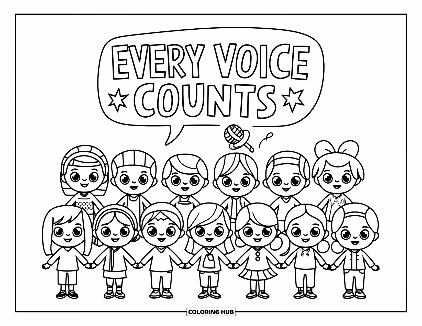 Anti-Bullying Coloring Page for Kids: Diverse group of children holding hands under the message "Every Voice Counts"