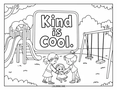 Çocuklar için Zorbalık Karşıtı Boyama Sayfası: Çocukların paylaştığı neşeli oyun alanı sahnesi ve büyük "Kind is Cool" tabelası