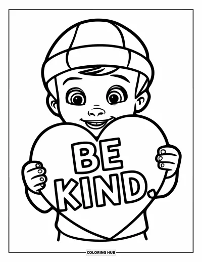 Çocuklar için Zorbalık Karşıtı Boyama Sayfası: "Be Kind" yazılı büyük bir kalp tutan mutlu çocuk
