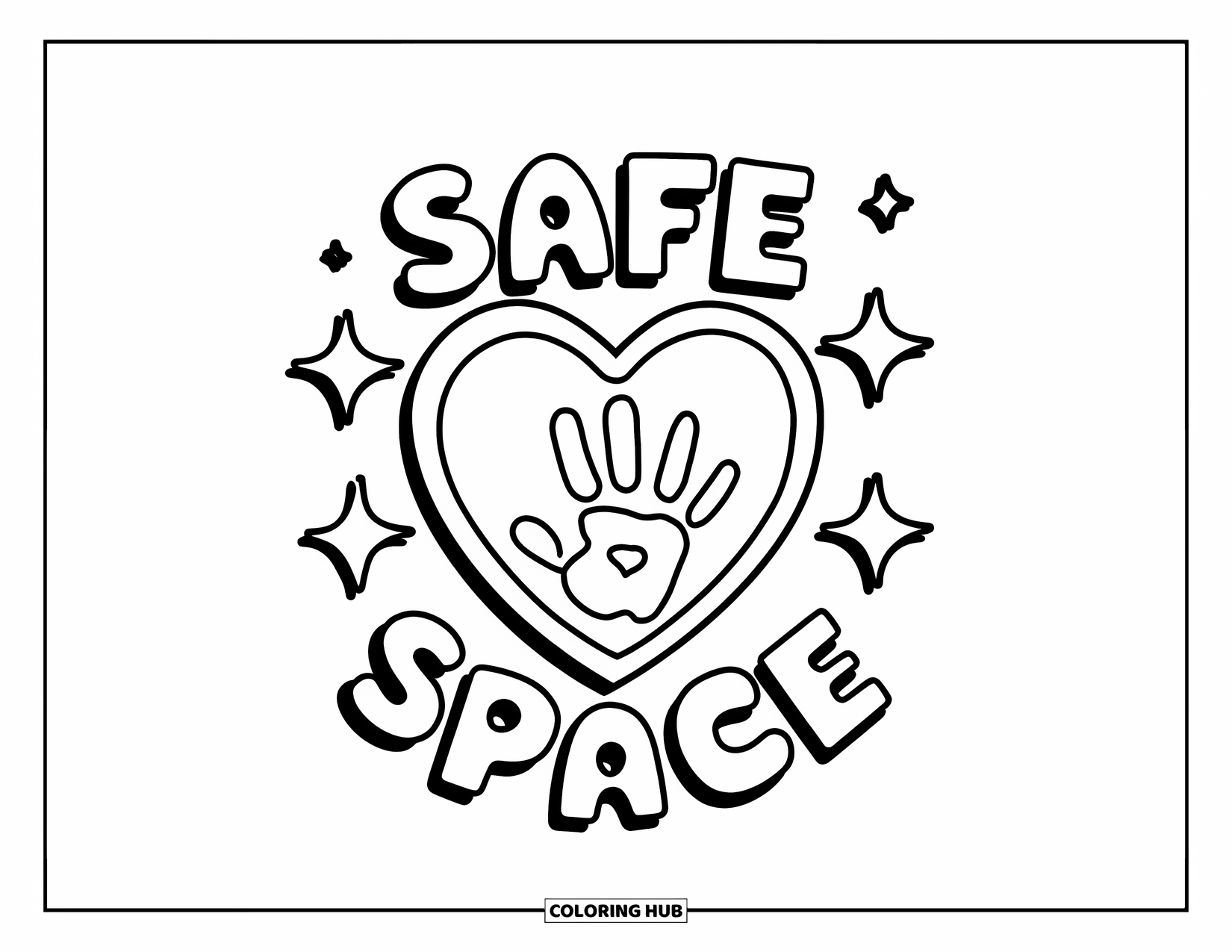 Anti-Bullying Coloring Page for Kids: Heart and handprint surrounded by stars with the message "Safe Space" above