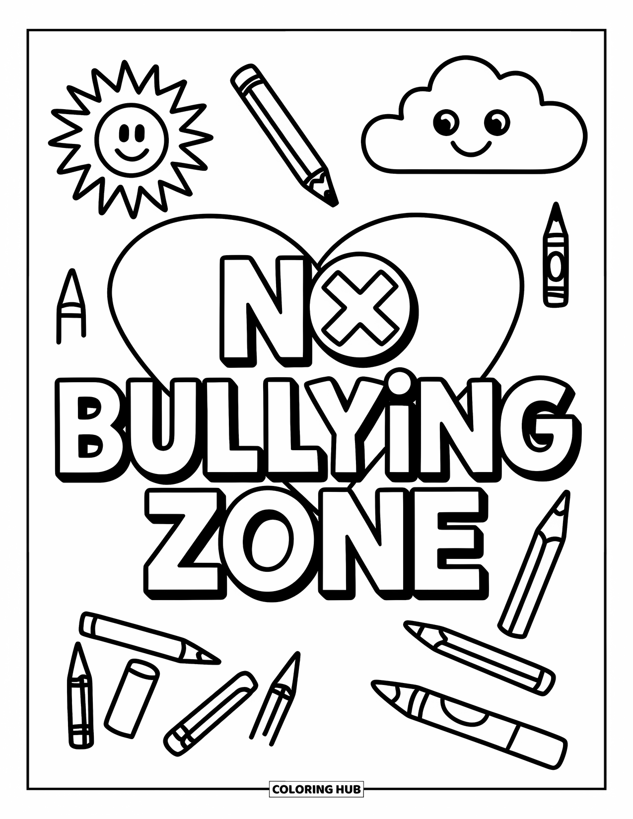 Anti-Bullying Coloring Page for Kids: Heart with a red X, smiling sun, and message "No Bullying Zone"