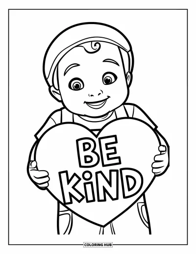 Çocuklar için Zorbalık Karşıtı Boyama Sayfası: Neşeli çocuk "Be Kind" yazan bir kalp tutuyor