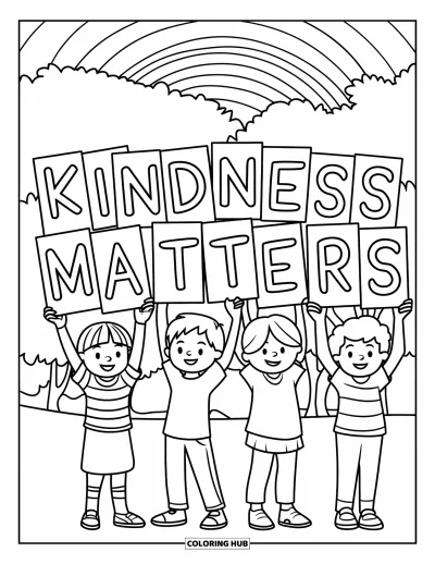 Çocuklar için Zorbalık Karşıtı Boyama Sayfası: Çocuklar "Kindness Matters" yazısını oluşturan harf işaretlerini gururla tutuyor