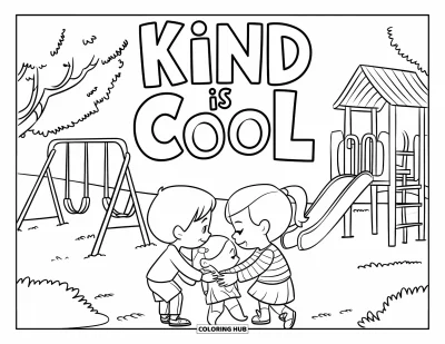 Çocuklar için Zorbalık Karşıtı Boyama Sayfası: Oyun alanında oyuncak paylaşan çocuklar ve "Kind is Cool" ifadesi