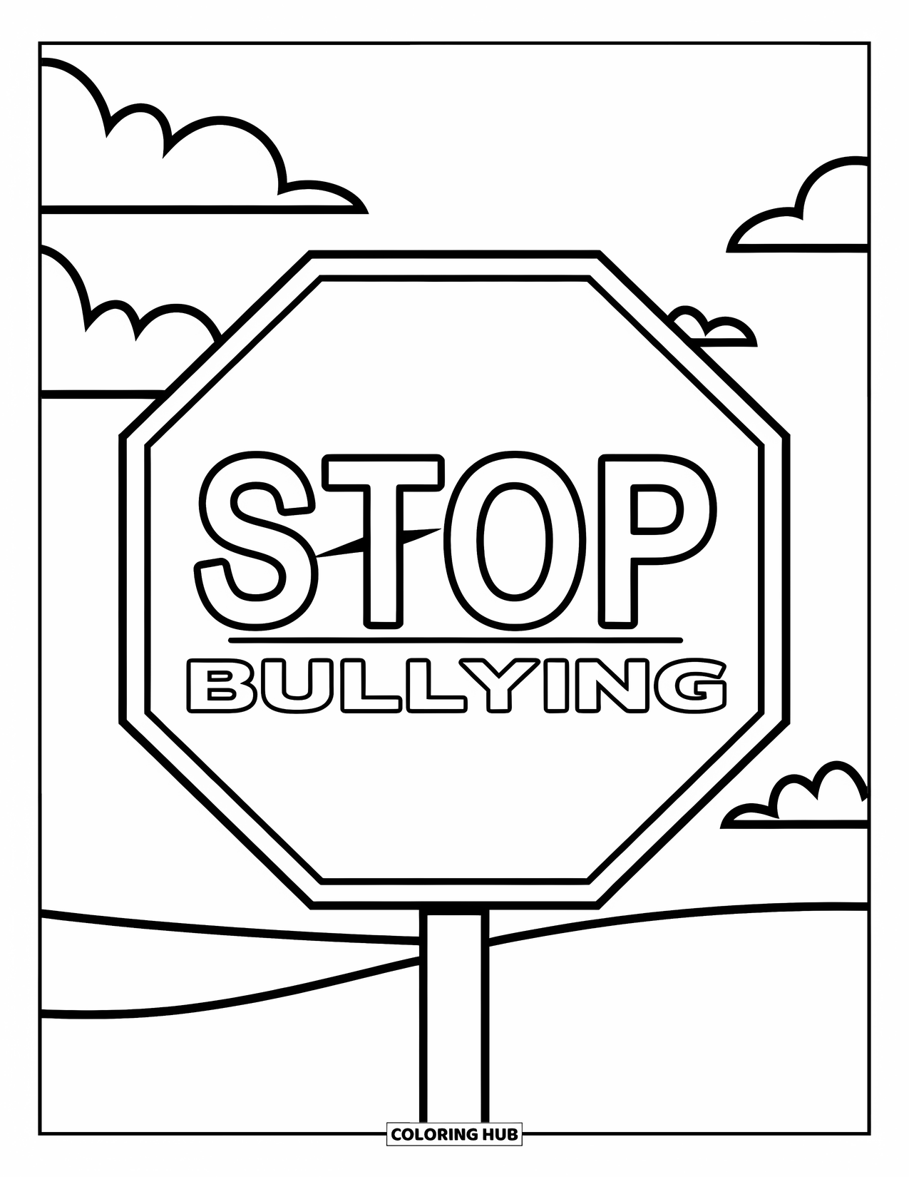 Anti-Bullying Coloring Page for Kids: Simple stop sign with "Bullying" slashed through and soft clouds around