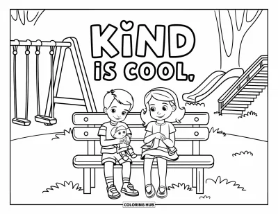 Çocuklar için Zorbalık Karşıtı Boyama Sayfası: Oyun alanında çocuklar arasında tatlı an ve "Kind is Cool" ifadesi