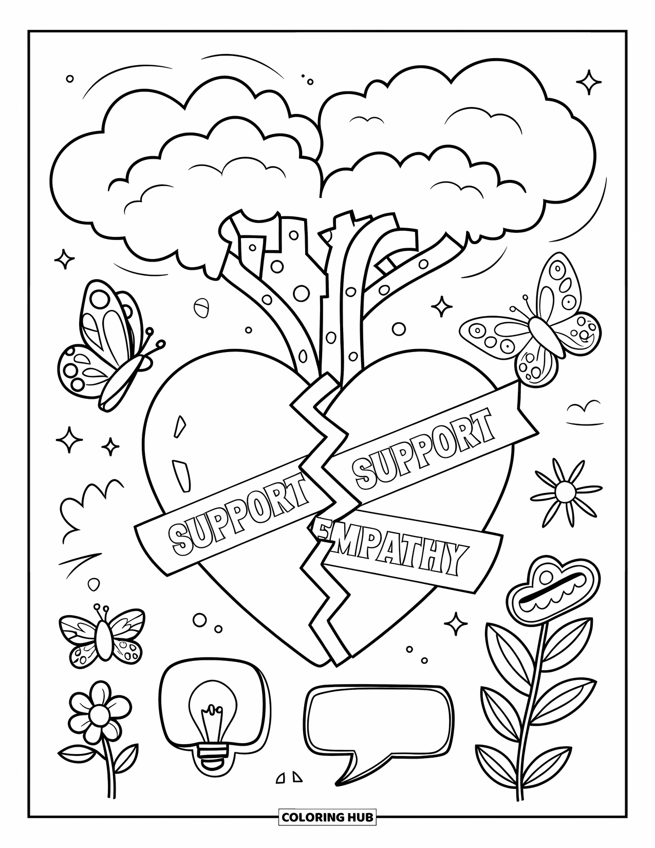 Anti-Bullying Coloring Page for Kids: Torn heart being fixed with kind words and surrounded by butterflies and a flower