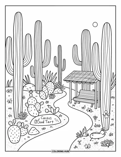Coloriage d'Arizona pour adultes : Une forêt de cactus avec des lézards, des fleurs et un panneau en bois sur le sentier