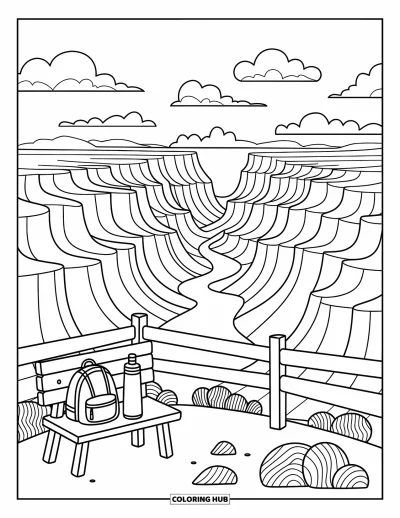 Coloriage d'Arizona pour adultes : Un belvédère sur le canyon avec des falaises, une rambarde en bois et des nuages duveteux