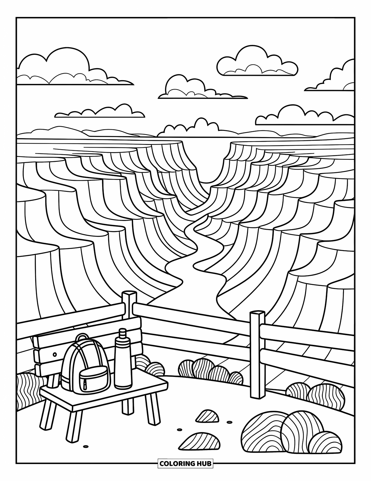Arizona Coloring Page for Adults: A canyon overlook with cliffs, a wooden railing, and fluffy clouds