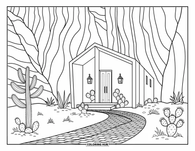 Coloriage d'Arizona pour adultes : Une chapelle dans des falaises rouges avec des yuccas, des figuiers de Barbarie et des fleurs sauvages
