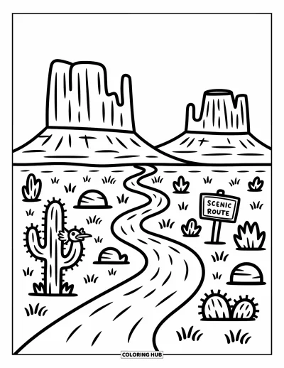 Coloriage d'Arizona pour adultes : Un sentier désertique serpente entre des mesas avec des buissons d'épineux et un roadrunner