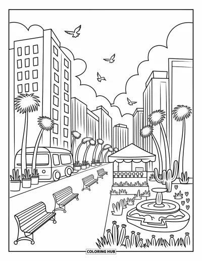 Coloriage d'Arizona pour adultes : Un paysage urbain fantaisiste de Phoenix avec des palmiers, des cactus et une fontaine
