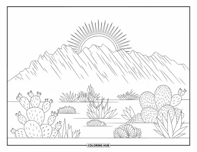 Coloriage d'Arizona pour adultes : Camelback Mountain au lever du soleil encadrée par la flore désertique
