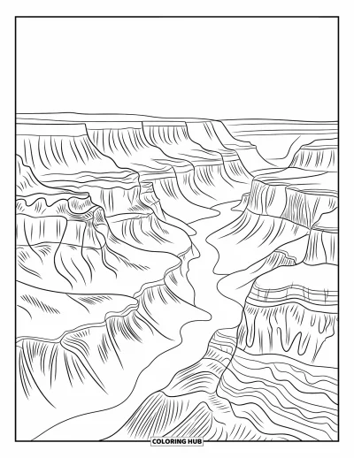 Coloriage d'Arizona pour adultes : Une vue panoramique du Grand Canyon avec ses falaises et sa rivière sinueuse