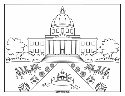 Coloriage d'Arizona pour adultes : Une scène fantaisiste du Capitole avec des succulentes en pot et des arbustes en fleurs