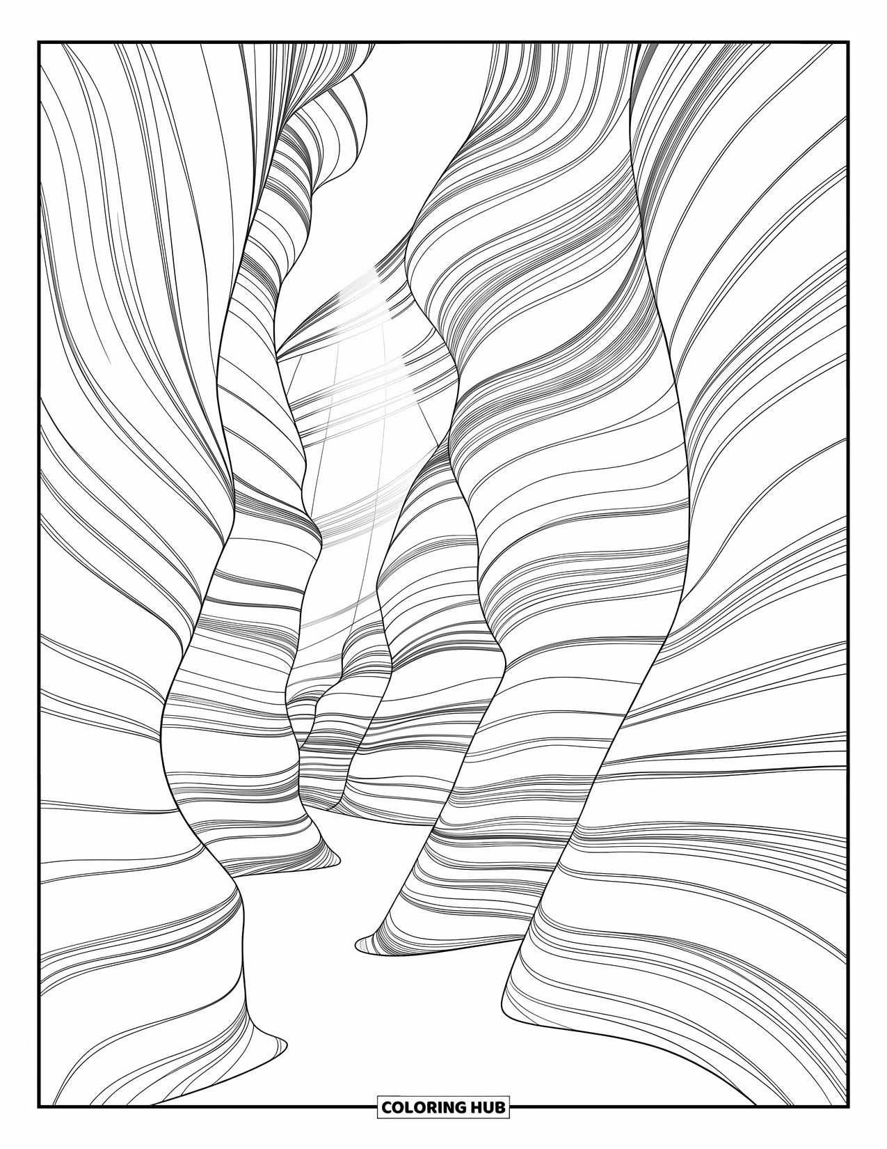 Arizona Coloring Page for Adults: Antelope Canyon's narrow passage glows with swirling rock walls