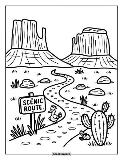Coloriage d'Arizona pour adultes : Buttes et mesas avec un cactus, un roadrunner et des buissons d'épineux dispersés
