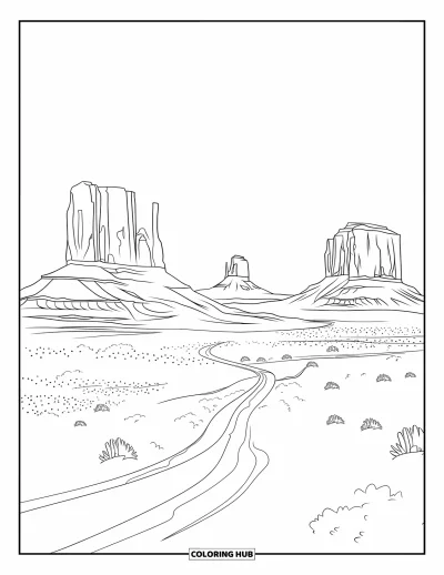 Coloriage d'Arizona pour adultes : Les buttes de Monument Valley se dressent fièrement sous un ciel ouvert