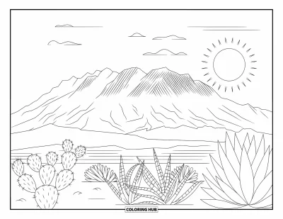 Coloriage d'Arizona pour adultes : Camelback Mountain s'illumine au lever du soleil au-dessus des plantes du désert