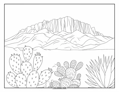 Coloriage d'Arizona pour adultes : Camelback Mountain au lever du soleil avec des figuiers de Barbarie et de l'agave au premier plan