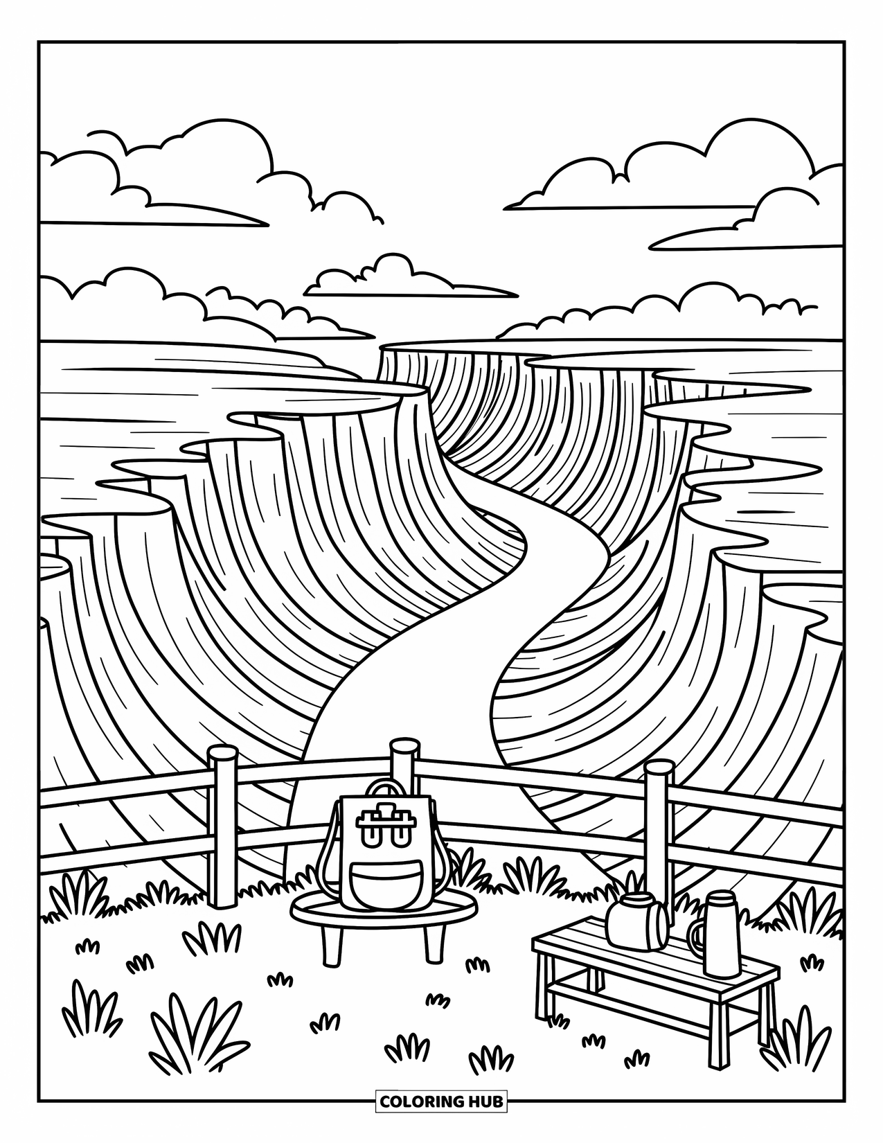 Arizona Coloring Page for Adults: Canyon cliffs with a winding river below and a bench nearby
