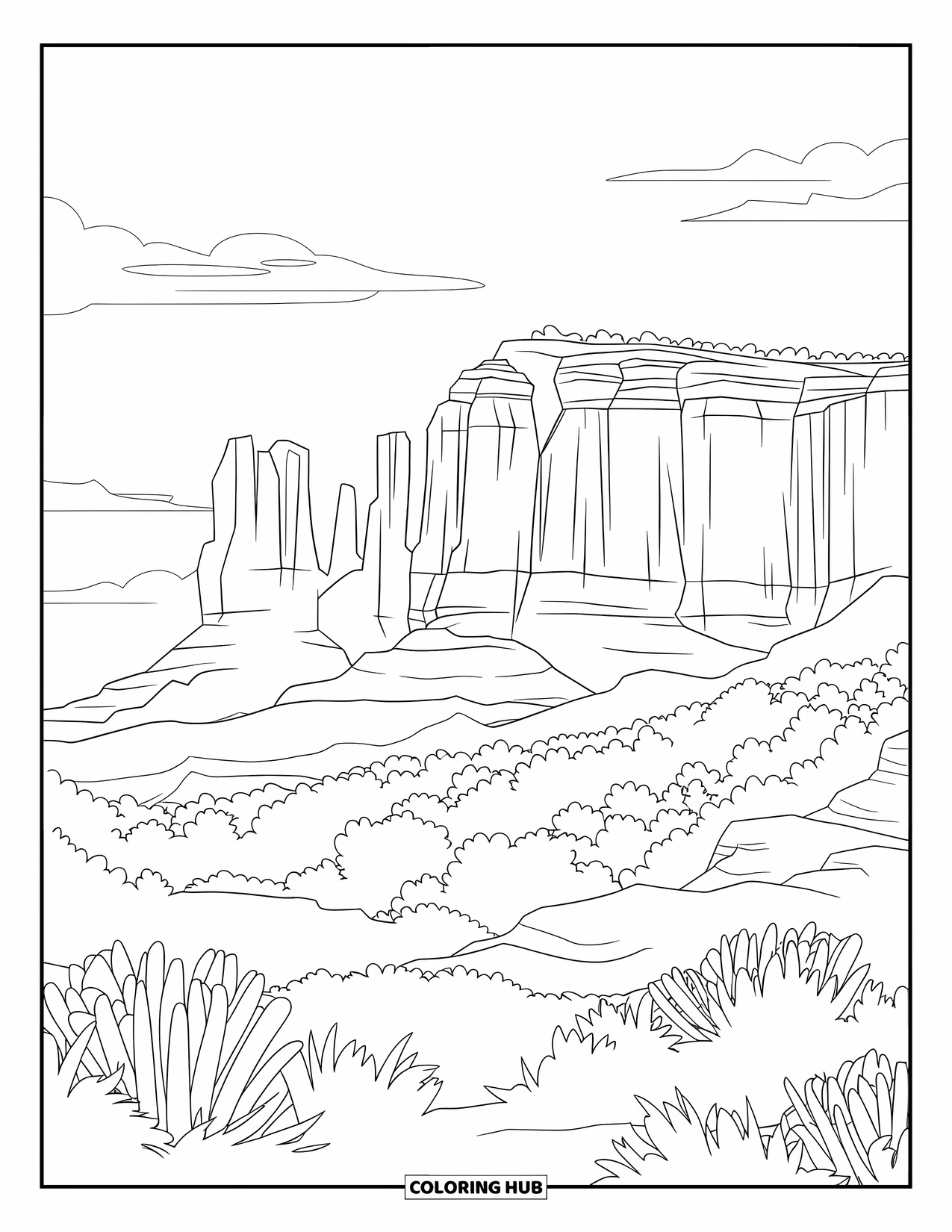 Arizona Coloring Page for Adults: Cathedral Rock in Sedona with rugged cliffs and clear skies
